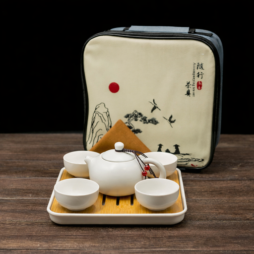 [32] Set de tacamuri de calatorie ceramica" Xi Shi " (alb) pentru 4 persoane